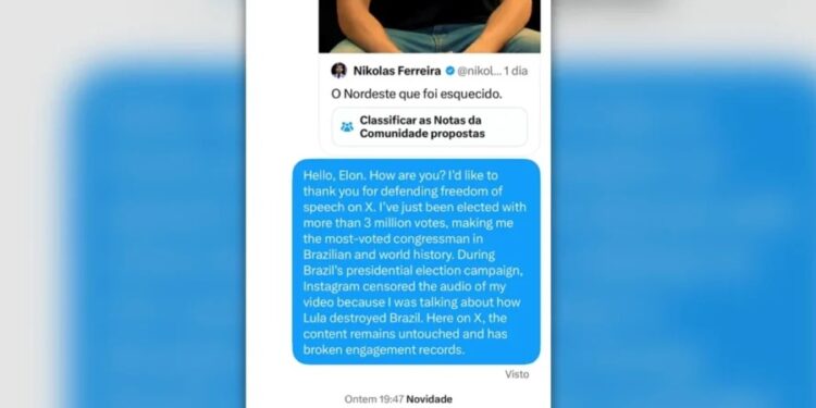 Nikolas Ferreira divulga mensagem de apoio de Elon Musk